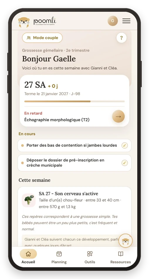 Accueil du Baby Planner Digital Poomli : semaine de grossesse en cours, terme, tâches en retard et tâches de la semaine, calendrier de grossesse personnalisé de la pré-conception aux premières années de bébé