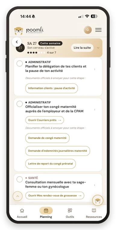 Planning du Baby Planner Digital Poomli : démarches administratives de la semaine avec les courriers prêts à envoyer, congé maternité, quoi faire quand on est enceinte mois par mois